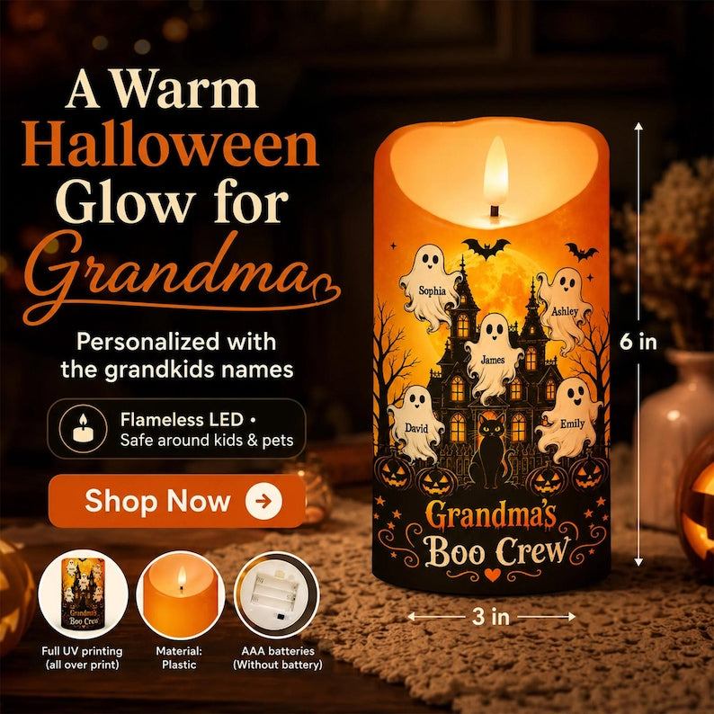 Personalized Grandma Boo Crew Halloween LED Candle, Grandkids Name Ghost Flameless Decor Gift