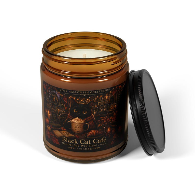 Black Cat Cafe Candle, Cozy Halloween Soy Wax Candle, Witchy Cat Kitchen Decor, Spooky Fall Home Decor, Feline Lover Gift, Halloween Gift