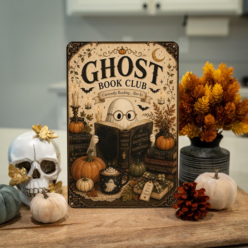 Ghost Book Club Halloween Metal Sign, Cute Ghost Wall Decor, Spooky Book Lover Sign, Halloween Reading Room Decoration
