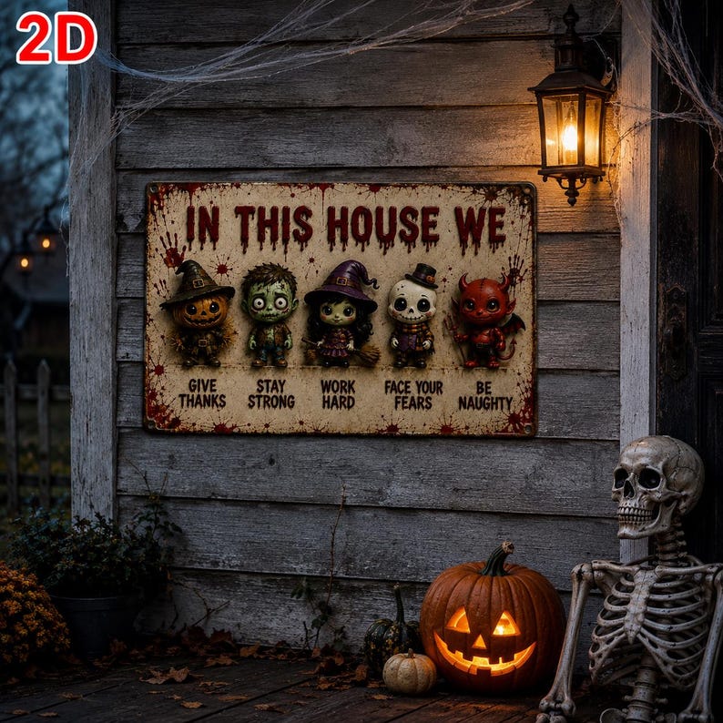 2D Halloween Metal Sign, Vintage Spooky Wall Decor, Horror Family Rules Plaque, Rustic Halloween Door Sign, Haunted House Decoration