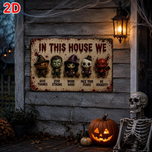 2D Halloween Metal Sign, Vintage Spooky Wall Decor, Horror Family Rules Plaque, Rustic Halloween Door Sign, Haunted House Decoration