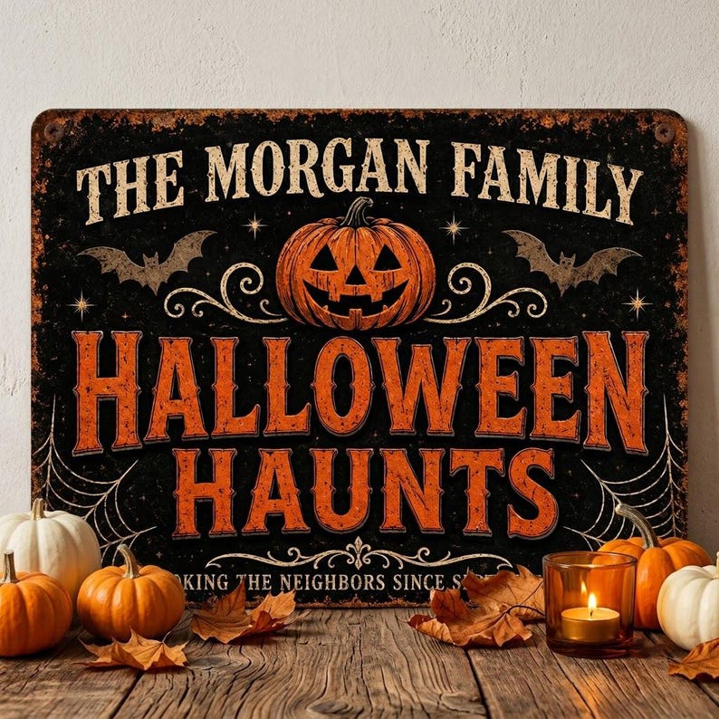 Personalized Halloween Family Name Sign, Custom Spooky Haunts Metal Sign, Halloween Porch Wall Decor, Personalized Outdoor Wall Art, Haunted House Decoration