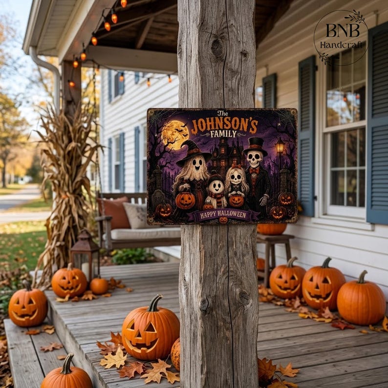 Personalized Halloween Family Metal Sign, Custom Family Name Halloween Decor, Spooky Ghost Skeleton Pumpkin Wall Art, Halloween Porch Sign, Family Gift