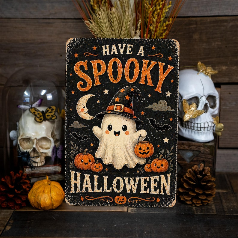 👻 Have A Spooky Halloween Metal Sign, Cute Ghost Wall Art, Trick or Treat Decor, Adorable Halloween Home Sign