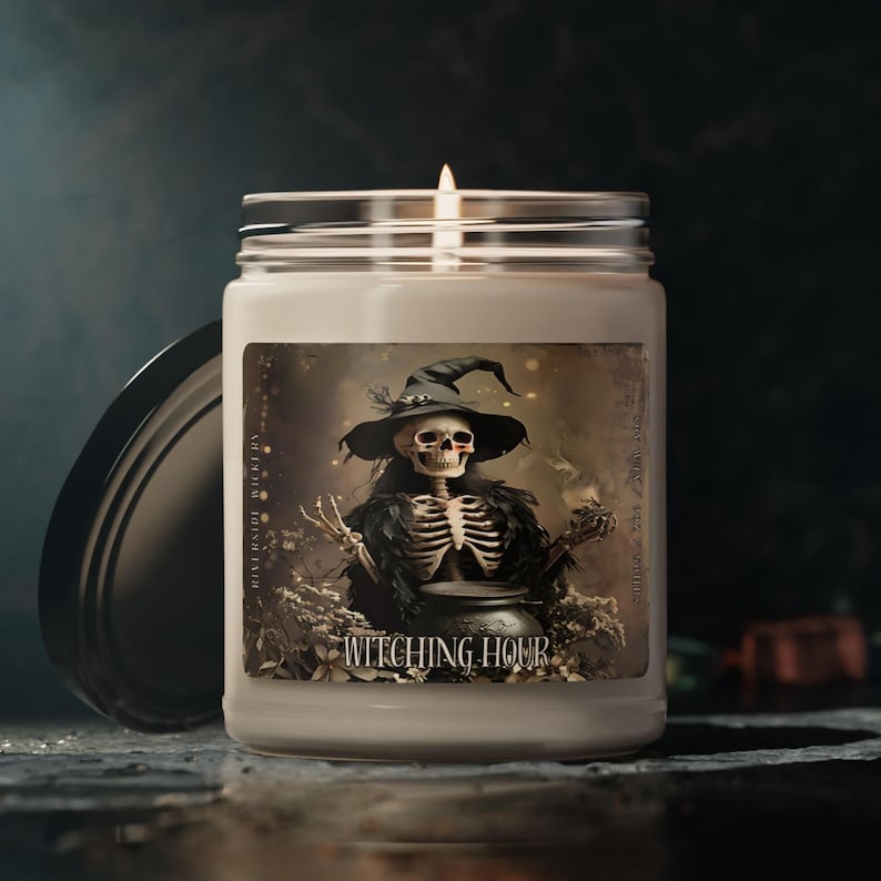 Witching Hour Skeleton Candle, Skeleton Witch Halloween Candle, Gothic Soy Wax Glass Jar Candle, Dark Academia Home Decor