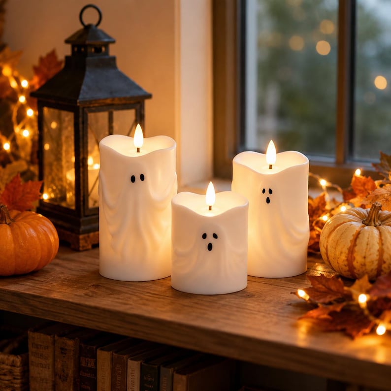 Ghost LED Candle, Halloween Flameless Candle with Remote & Timer, Spooky Table Decor, Pumpkin Fall Home Decoration