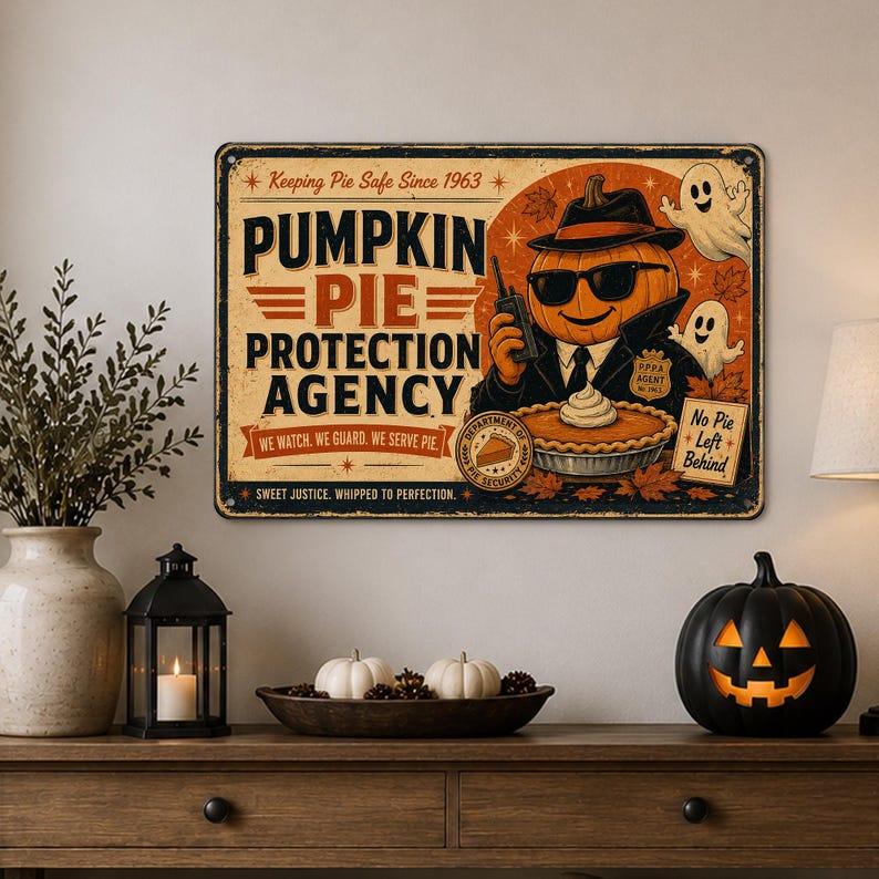Pumpkin Pie Protection Agency Metal Sign, Funny Halloween Kitchen Decor, Pumpkin Pie Wall Sign, Thanksgiving Fall Home Decor, Retro Pie Lover Gift