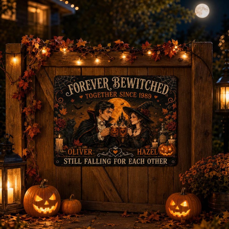 Personalized Halloween Couple Metal Sign – Forever Bewitched Custom Anniversary Gift, Spooky Romantic Wall & Garden Decor