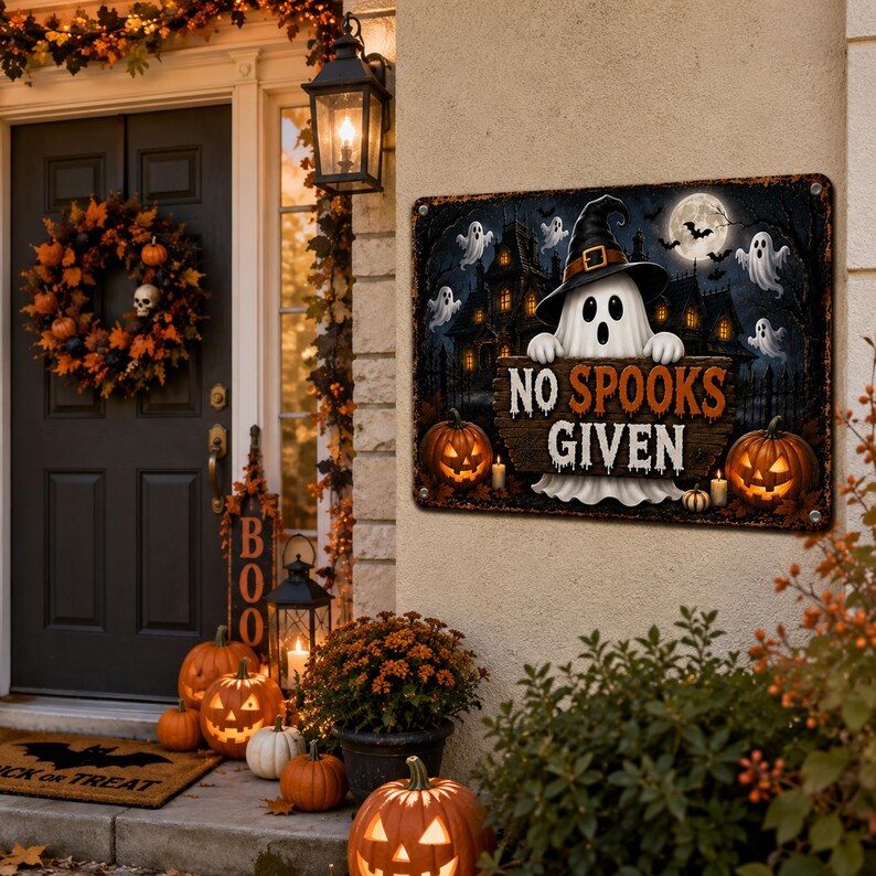 No Spooks Given Metal Sign – Funny Halloween Ghost Wall Decor, Vintage Haunted House Plaque, Spooky Fall Home Decor