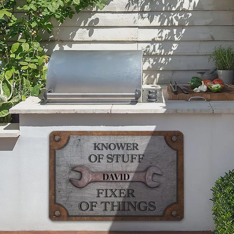Personalized Knower of Stuff Fixer of Things Metal Sign – Custom Garage Decor, Handyman Workshop Sign, Dad Gift for Him
