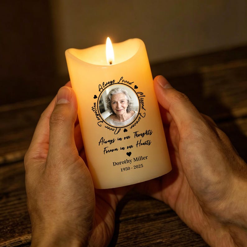 Personalized Memorial LED Candle with Photo, Custom In Loving Memory Flameless Candle, Remembrance Keepsake, Sympathy Gift for Loss of Loved One