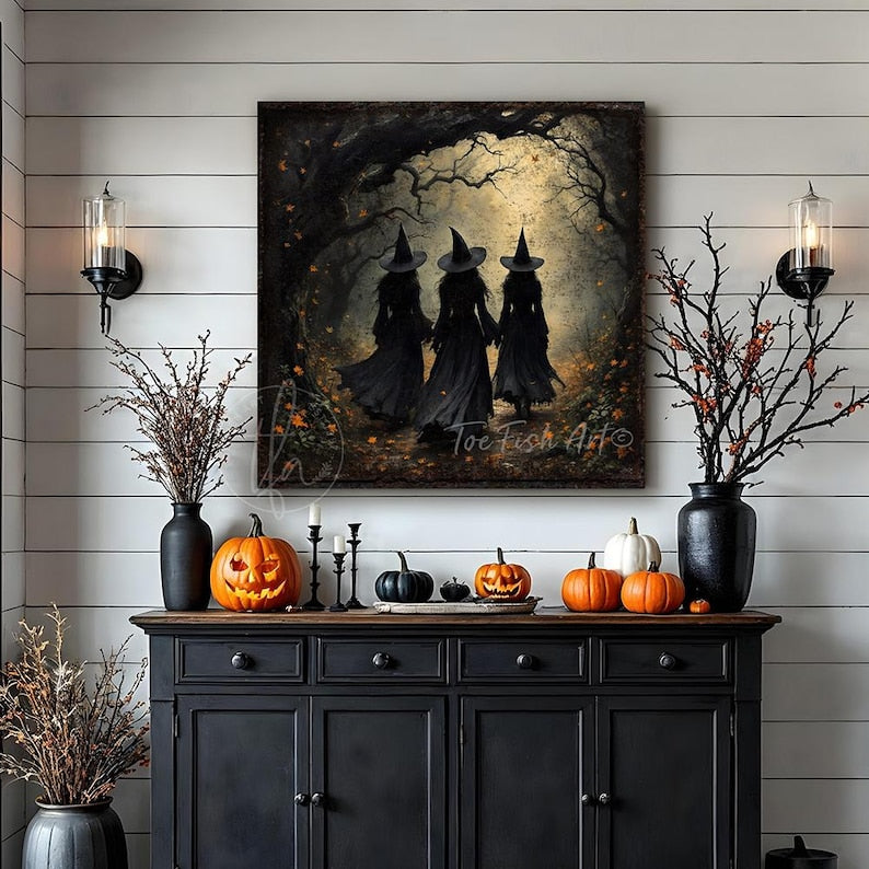 Vintage Witches Halloween Metal Sign – Creepy Forest Decor, Rustic Farmhouse Fall Wall Art, Spooky Autumn Plaque