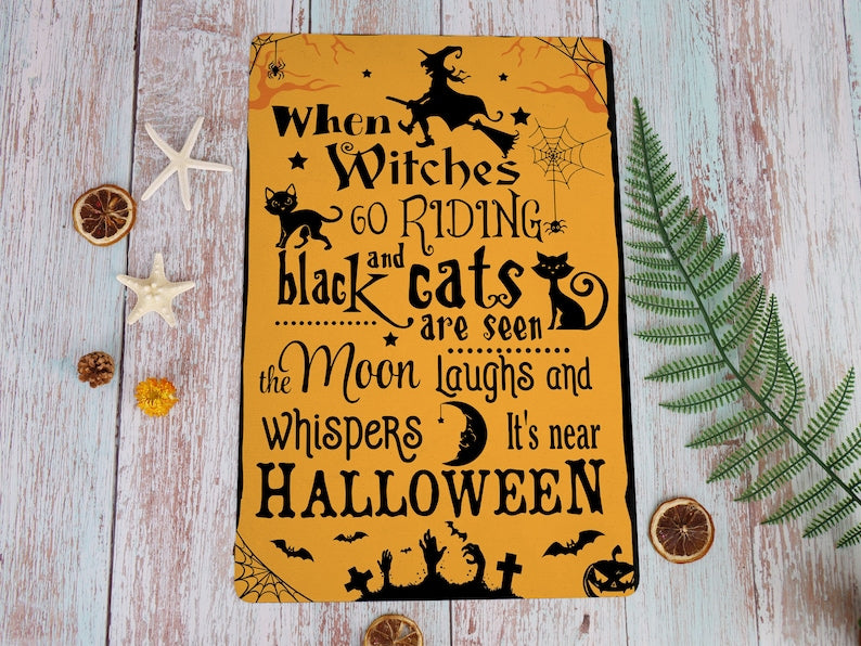 Witch Black Cat Moon Metal Sign, Bewitching Halloween Wall Decor, Witchcraft Gothic Wall Art, Spooky Cat Halloween Sign, Witchy Home & Porch Decor