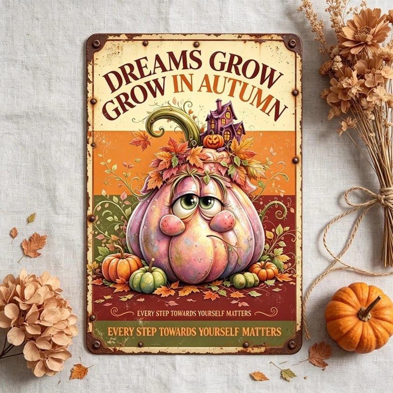 Vintage Halloween Pumpkin Metal Sign, Rustic Fall Wall Decor, Cozy Farmhouse Pumpkin Plaque, Autumn Home Decoration, Spooky Season Tin Sign