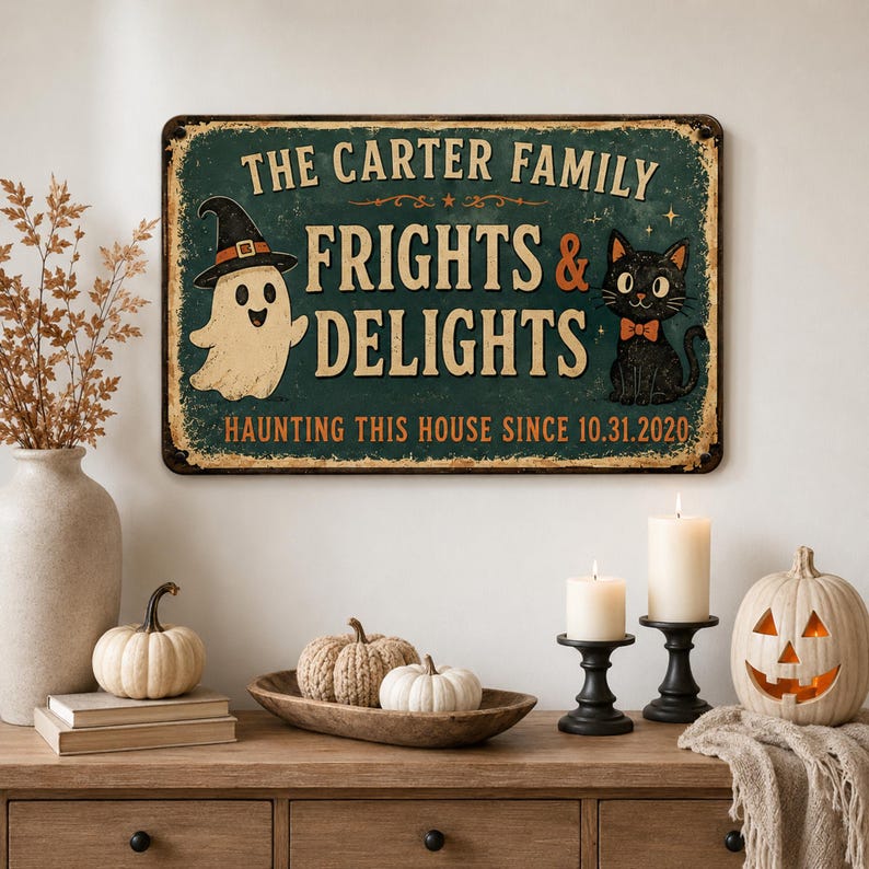 Personalized Frights & Delights Halloween Metal Sign – Custom Family Name, Ghost & Black Cat Decor, Spooky Wall Plaque
