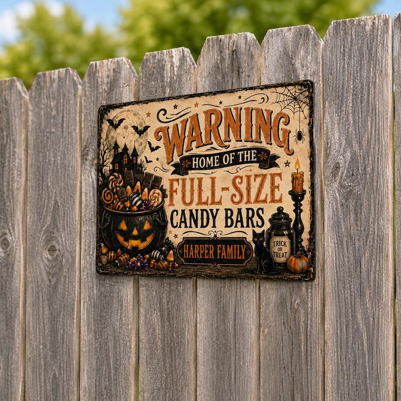 Personalized Halloween Metal Sign, Custom Trick or Treat Candy Bar Sign, Halloween Porch Wall Decor, Personalized Garden Yard Decoration, Spooky Halloween Gift