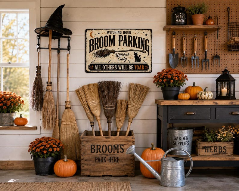 🧙‍♀️ Witch Parking Sign, Halloween Broom Decor, Gothic Farmhouse Metal Sign, Spooky Witch Wall Decor