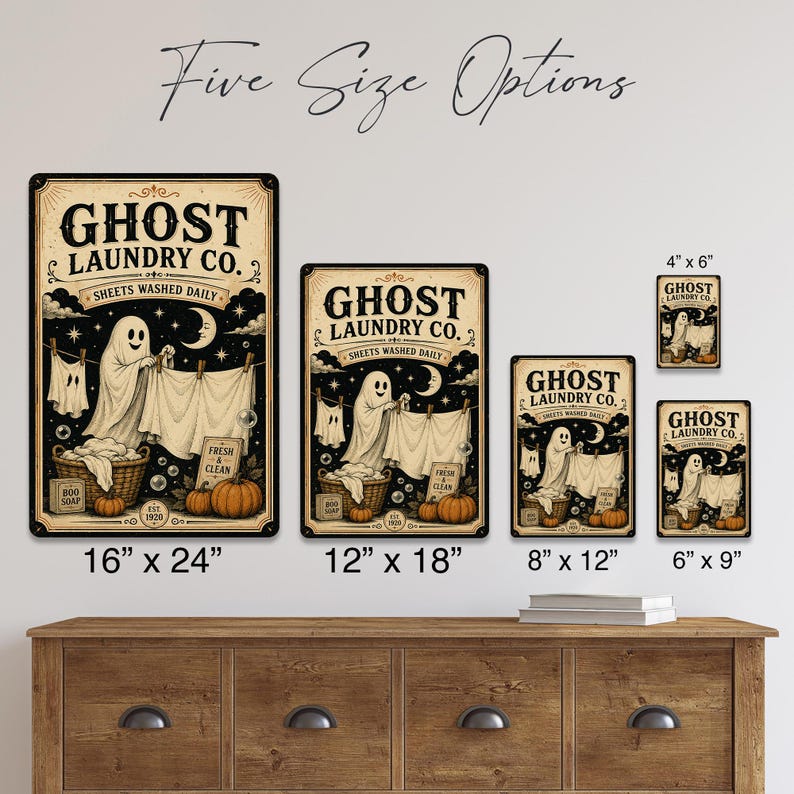 Ghost Laundry Co Metal Sign, Washed Daily Laundry Room Wall Decor, Cute Ghost Halloween Sign, Vintage Spooky Home Decoration