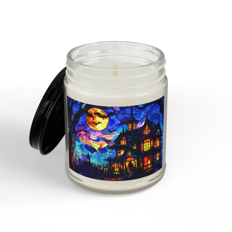 Stained Glass Haunted House Candle, Gothic Halloween Scented Candle, Spooky Haunted House Home Decor, Vintage Fall Gift