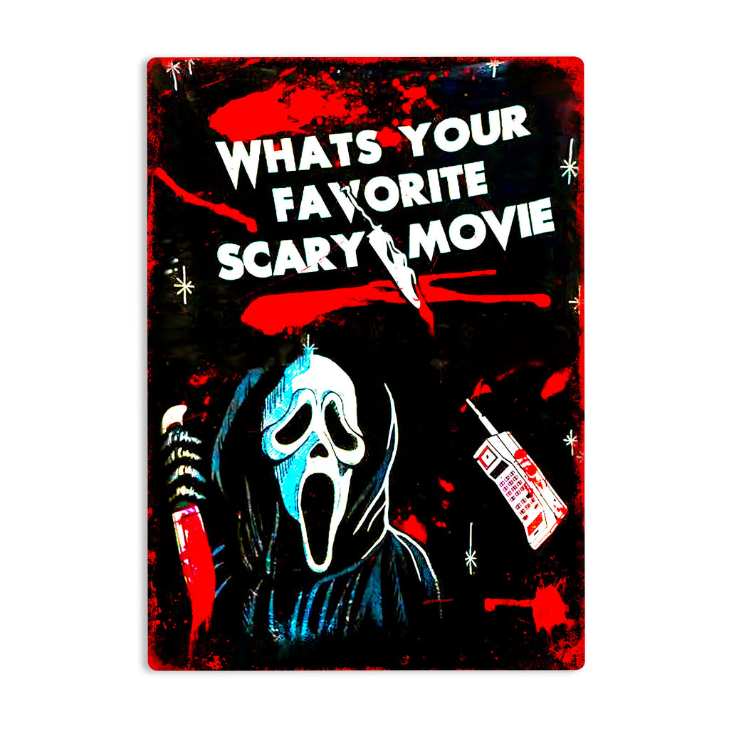 What’s Your Favorite Scary Movie Metal Tin Sign, Halloween Horror Wall Decor, Spooky Movie Quote Sign, Vintage Horror Room Decor, Halloween Gift
