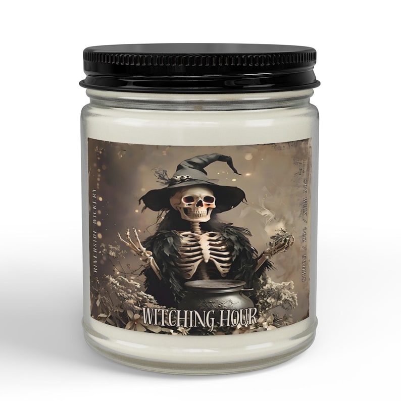Witching Hour Skeleton Candle, Skeleton Witch Halloween Candle, Gothic Soy Wax Glass Jar Candle, Dark Academia Home Decor (Copy)