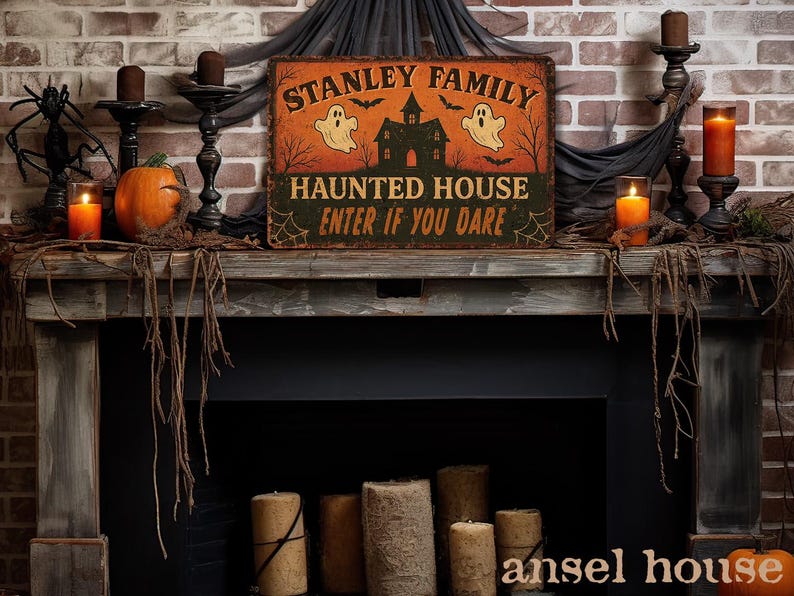 Custom Halloween Haunted House Metal Sign – Personalized Rustic Spooky Decor, Primitive Halloween Porch & Front Door Plaque