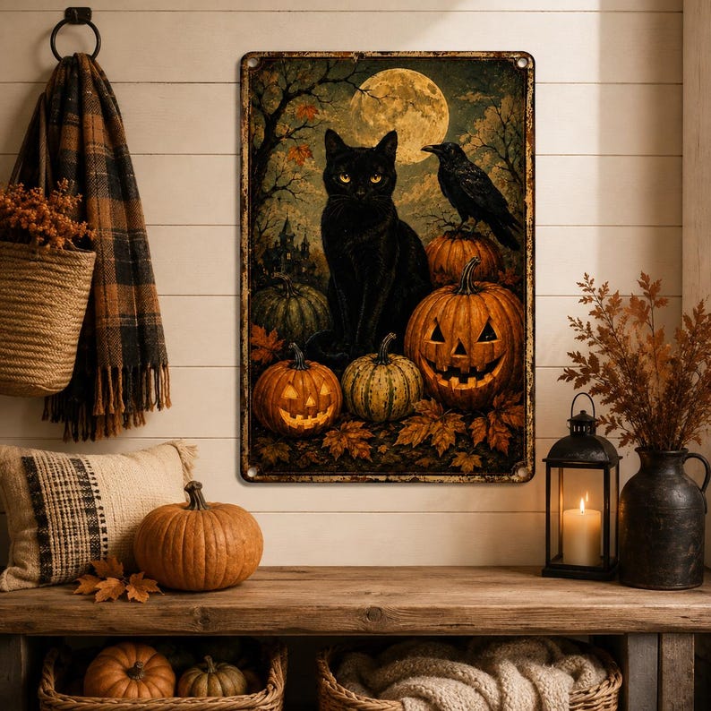 🌙 Moonlit Feline & Crow Metal Plaque, Rustic Autumn Jack O' Lantern Decor, Halloween Cat Wall Sign