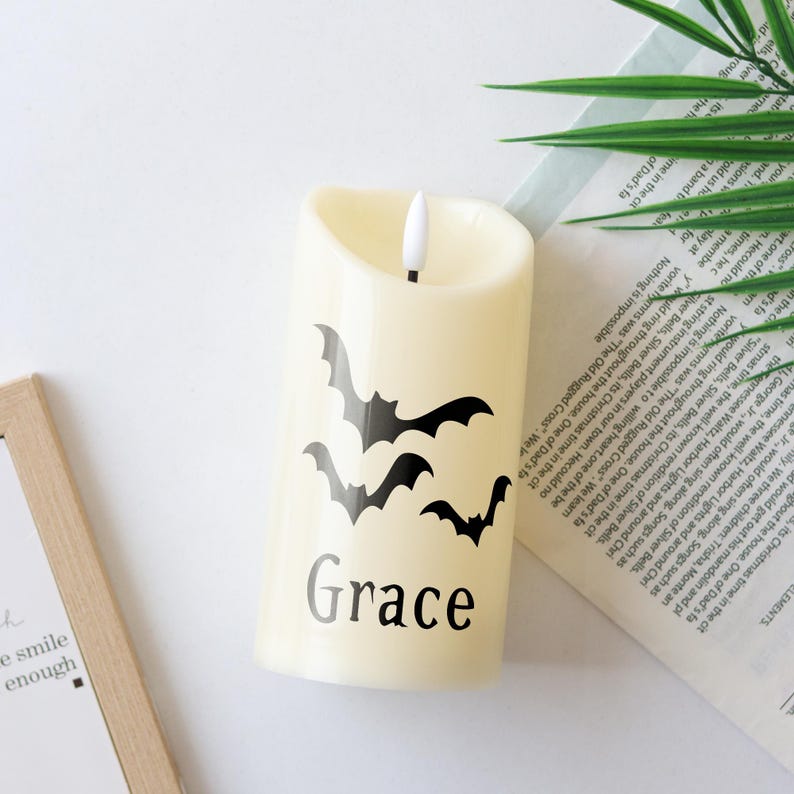 Personalized Halloween LED Candle, Bat and Pumpkin Name Candle, Flameless Spooky Decor,Custom Halloween Gift, Autumn Decor, Party Decoration