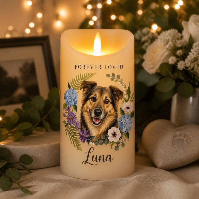 Personalized Pet Memorial LED Candle with Photo and Name, Custom Dog Cat Remembrance Light, Flameless Pet Loss Keepsake, Sympathy Gift for Pet Lovers