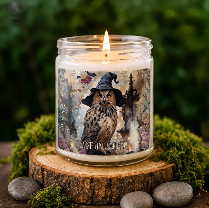 Witchy Owl Halloween Candle, Mystical Owl Glass Jar Candle, Spooky Gothic Fall Decor, Enchanted Witch Gift