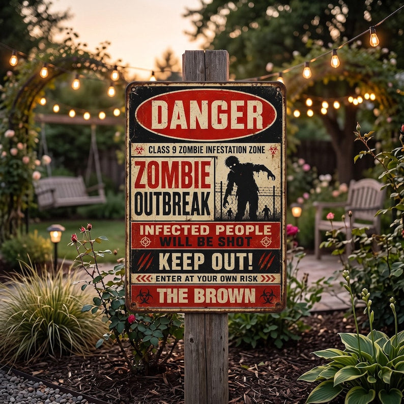 Vintage Halloween Zombie Outbreak Metal Sign, Retro No Entry Zombie Warning Tin Sign, Personalized Family Name Wall Decor, Spooky Porch & Garage Art (Copy)