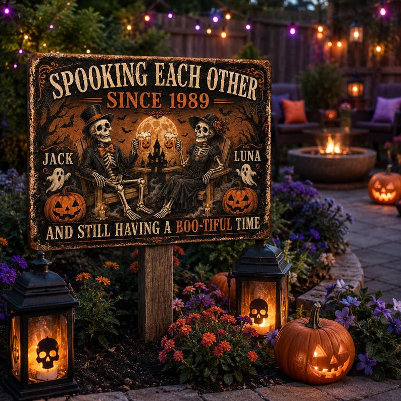 Personalized Halloween Skeleton Couple Metal Sign, Custom 2 Names and Year, Spooky Anniversary Yard Sign, Halloween Garden Decor, Couple Gift
