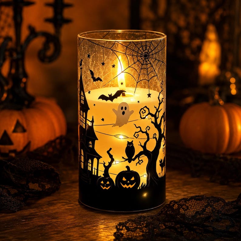 Halloween LED Candle Lantern, Flameless Flickering Candle with Remote & Timer, Spooky Haunted House Decor, Pumpkin Witch Ghost Table Light (Copy)