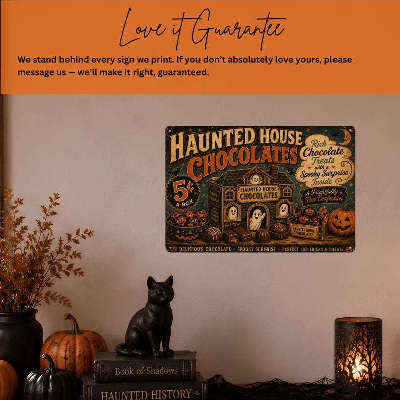 Haunted House Chocolates Tin Sign, Vintage Halloween Metal Sign, Retro Ghost Candy Wall Decor, Spooky Kitchen Wall Art, Halloween Home Decoration