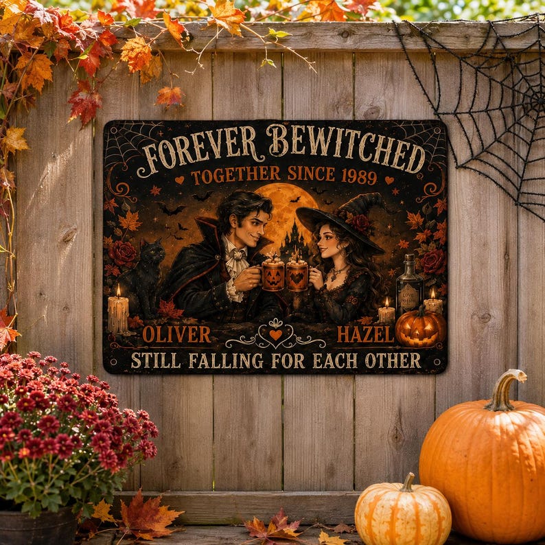 Personalized Halloween Couple Metal Sign – Forever Bewitched Custom Anniversary Gift, Spooky Romantic Wall & Garden Decor