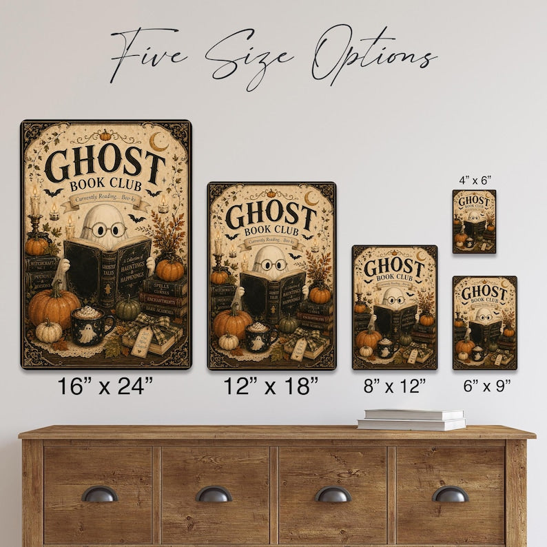 Ghost Book Club Halloween Metal Sign, Cute Ghost Wall Decor, Spooky Book Lover Sign, Halloween Reading Room Decoration