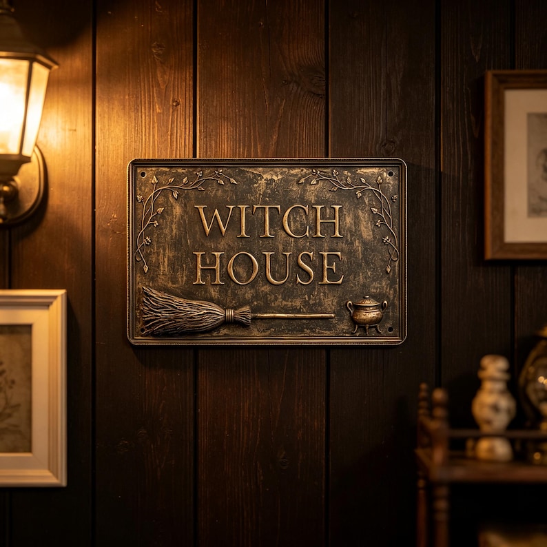 Witch House Vintage Metal Sign, Funny Halloween Wall Decor, Witchy Porch Sign, Spooky Garage Bar Decor, Woman Cave Garden Sign, Halloween Gift
