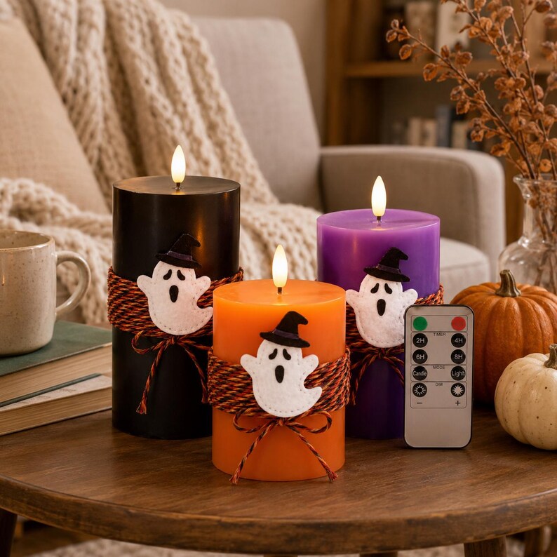 Halloween LED Candle , Ghost Flameless Candles with Remote, Black Orange Purple Paraffin Wax Pillar Candles, Spooky Decor