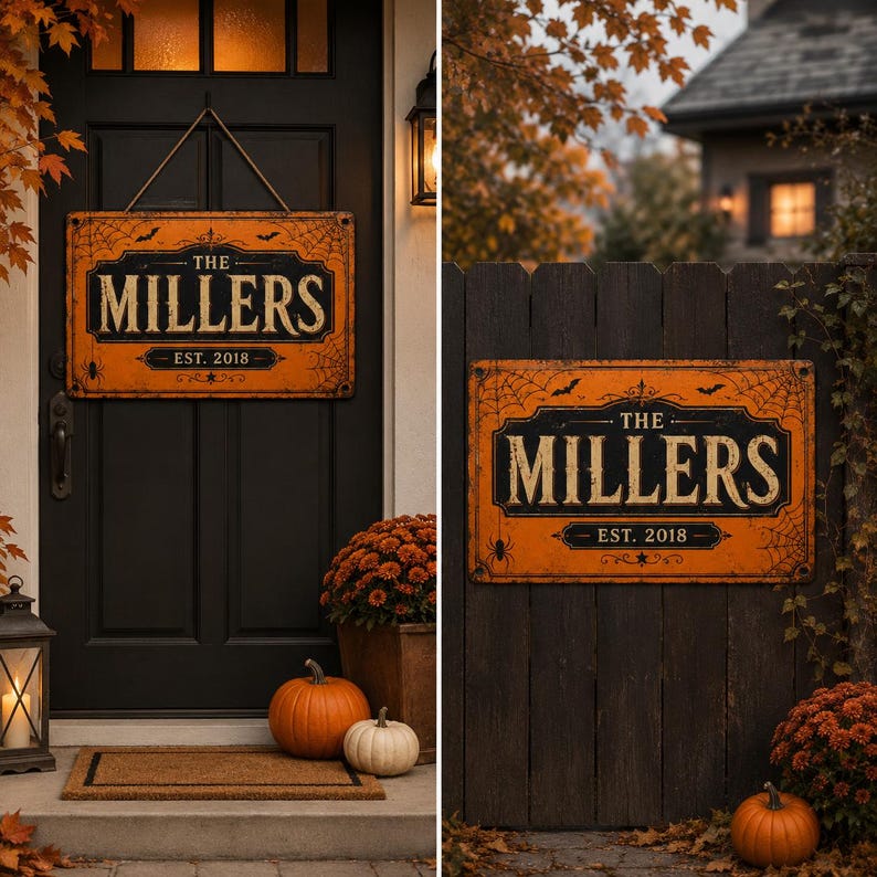 Custom Halloween Metal Sign – Personalized Family Name & Year, Vintage Pumpkin Porch Decor, Spooky Outdoor Housewarming Gift