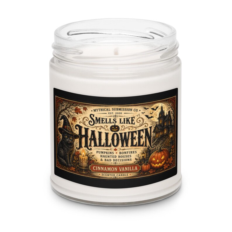 🎃 Halloween Candle, Cinnamon Vanilla Scent, Haunted House Decor, Black Cat Spooky Candle 🐈‍⬛🕯️