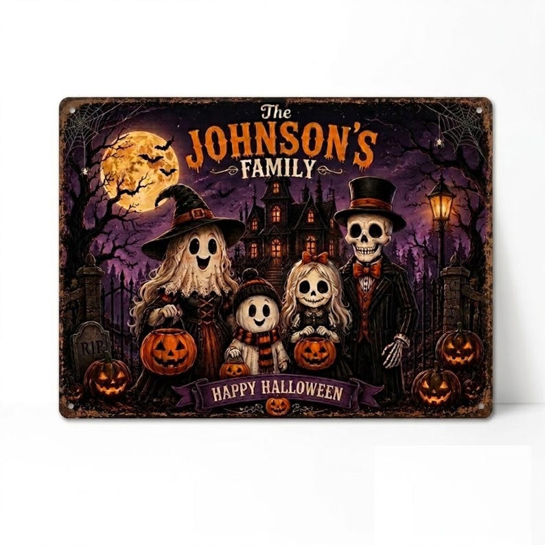 Personalized Halloween Family Metal Sign, Custom Family Name Halloween Decor, Spooky Ghost Skeleton Pumpkin Wall Art, Halloween Porch Sign, Family Gift