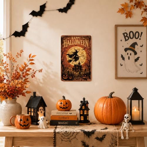 Witchy Metal Sign, Vintage Halloween Wall Decor, Moonlit Night Witch Art, Gothic Spooky Home Decoration, Rustic Halloween Sign