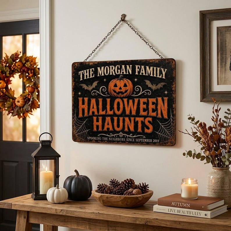 Personalized Halloween Family Name Sign, Custom Spooky Haunts Metal Sign, Halloween Porch Wall Decor, Personalized Outdoor Wall Art, Haunted House Decoration