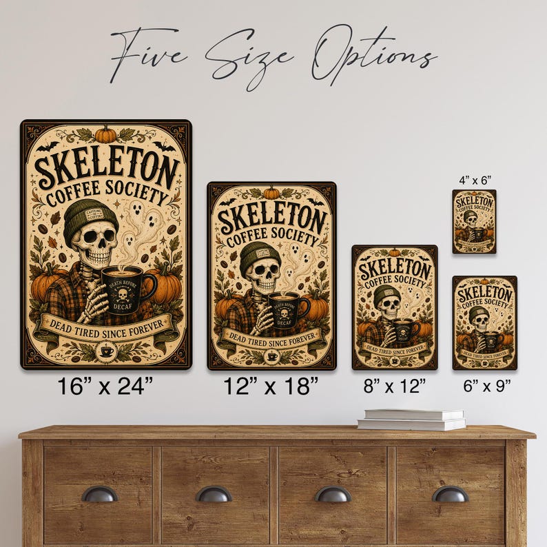 ☕💀 Skeleton Coffee Society Metal Sign, Dead Tired Forever, Halloween Coffee Decor, Spooky Skeleton Wall Sign