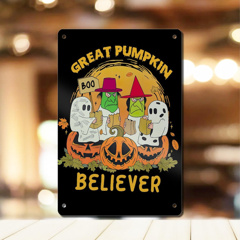 Great Pumpkin Believer Metal Sign, Retro Halloween Wall Decor, Vintage Trick or Treat Sign, Ghost Witch Jack O Lantern Halloween Decoration
