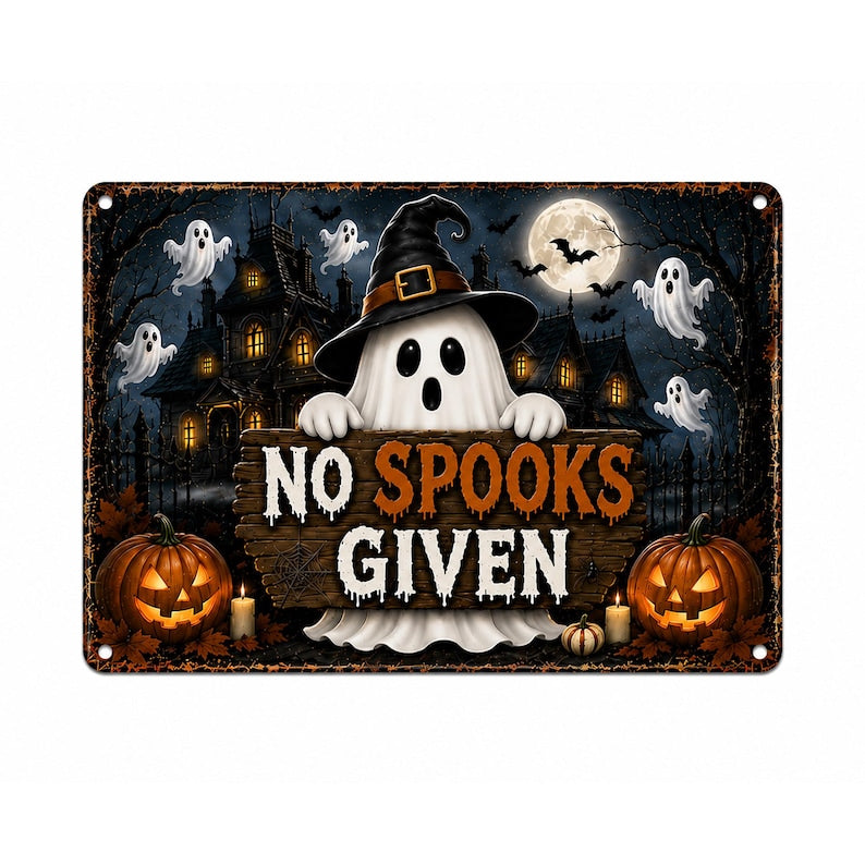 No Spooks Given Metal Sign – Funny Halloween Ghost Wall Decor, Vintage Haunted House Plaque, Spooky Fall Home Decor