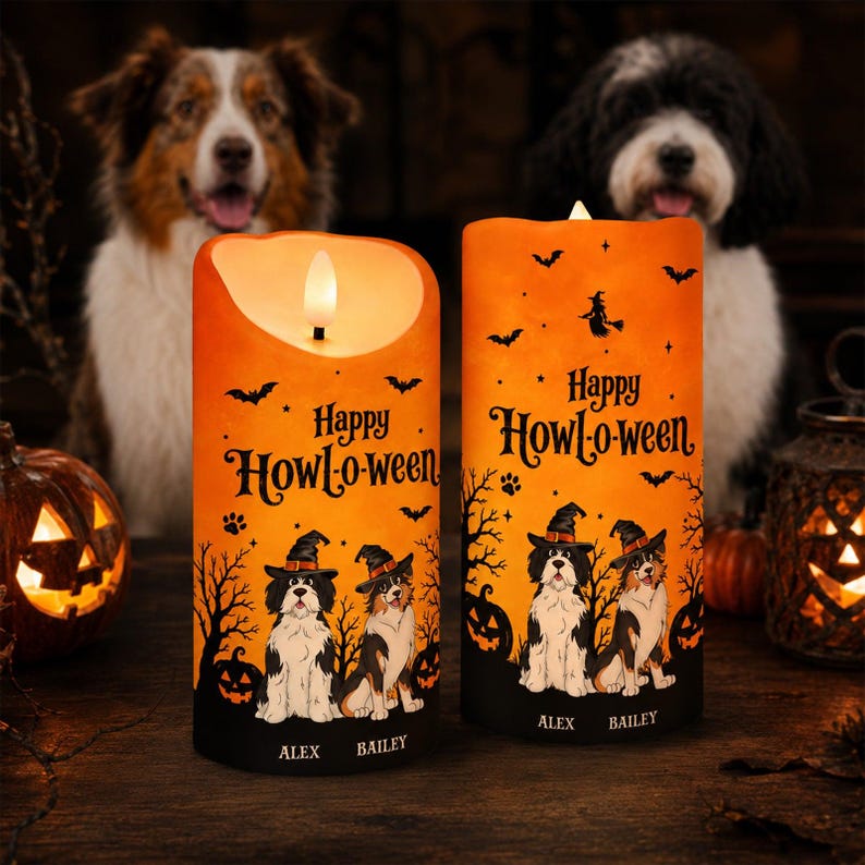 🐶🎃 Custom Happy Howl-o-ween Halloween Dog LED Candle 🕯️👻