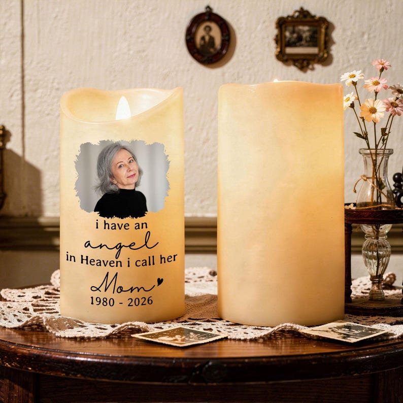 Personalized Mom Memorial LED Candle, Custom In Loving Memory Candle for Loss of Mother, Remembrance Photo Candle, Sympathy Gift, Memorial Keepsake
