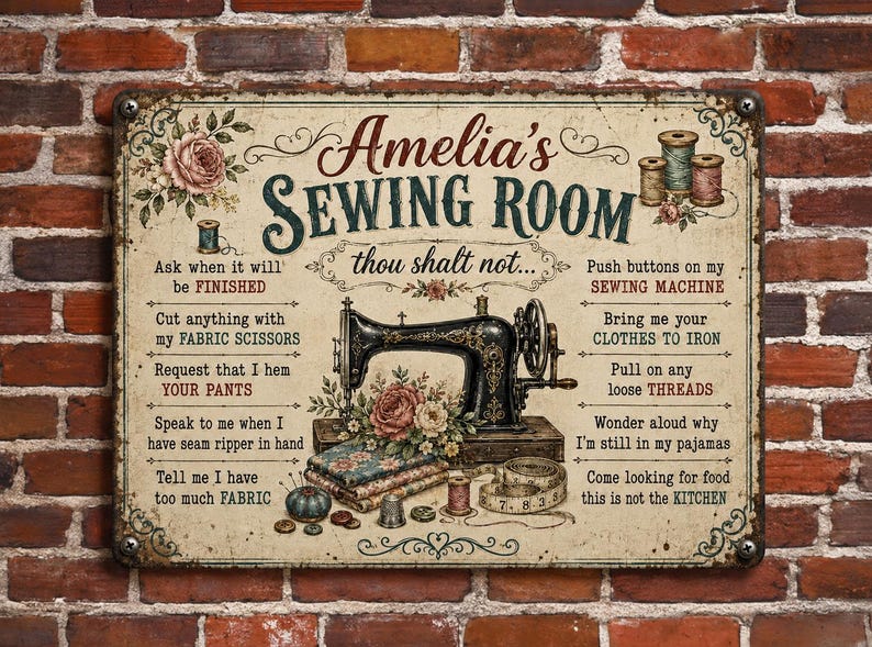 Personalized Sewing Room Thou Shalt Not Metal Sign – Vintage Seamstress Decor, Quilting Rules Wall Art, Retro Tailor Gift