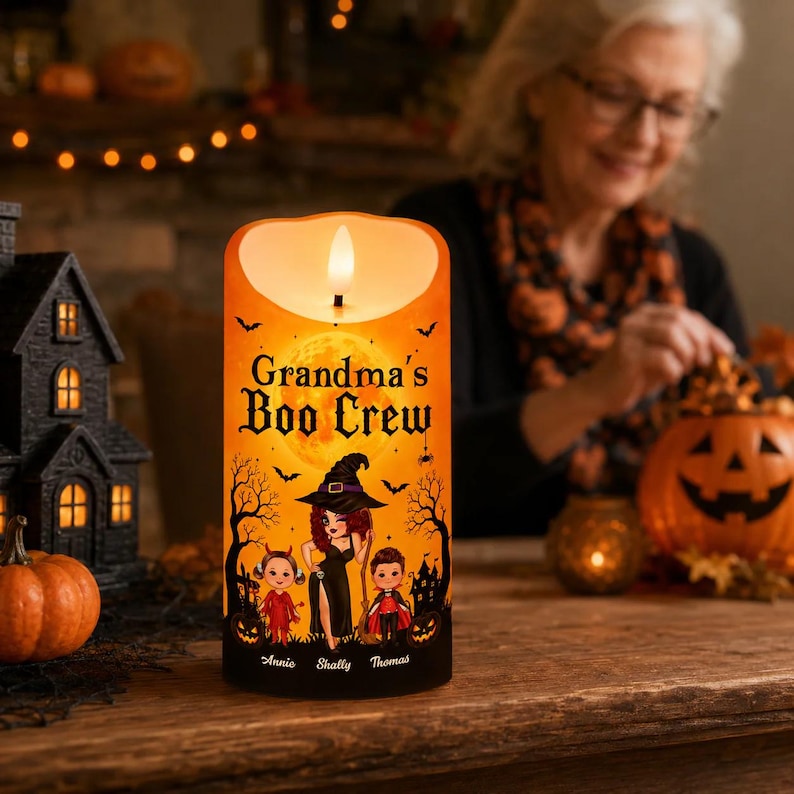 Personalized Grandma Boo Crew LED Candle , Grandkids Name Ghost Halloween Flameless Decor Gift